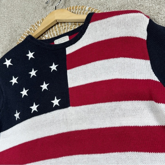 Christopher & Banks Vintage American Flag Knit Sweater Shortsleeve Patriotic L - Picture 7 of 13